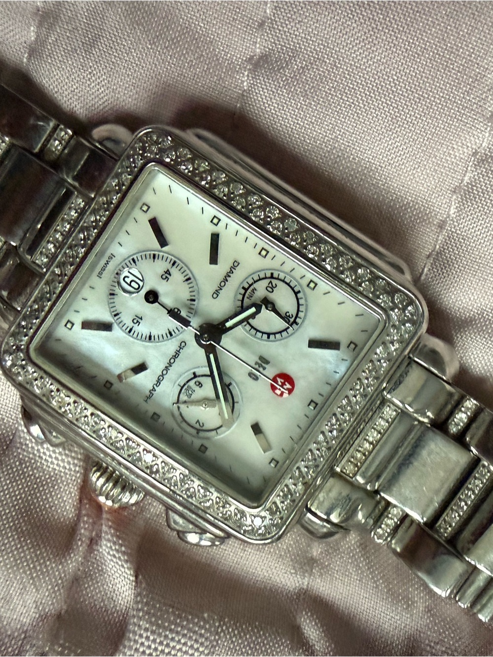 Michele Silver Crystal-Accent Rectangular Chronograph Watch